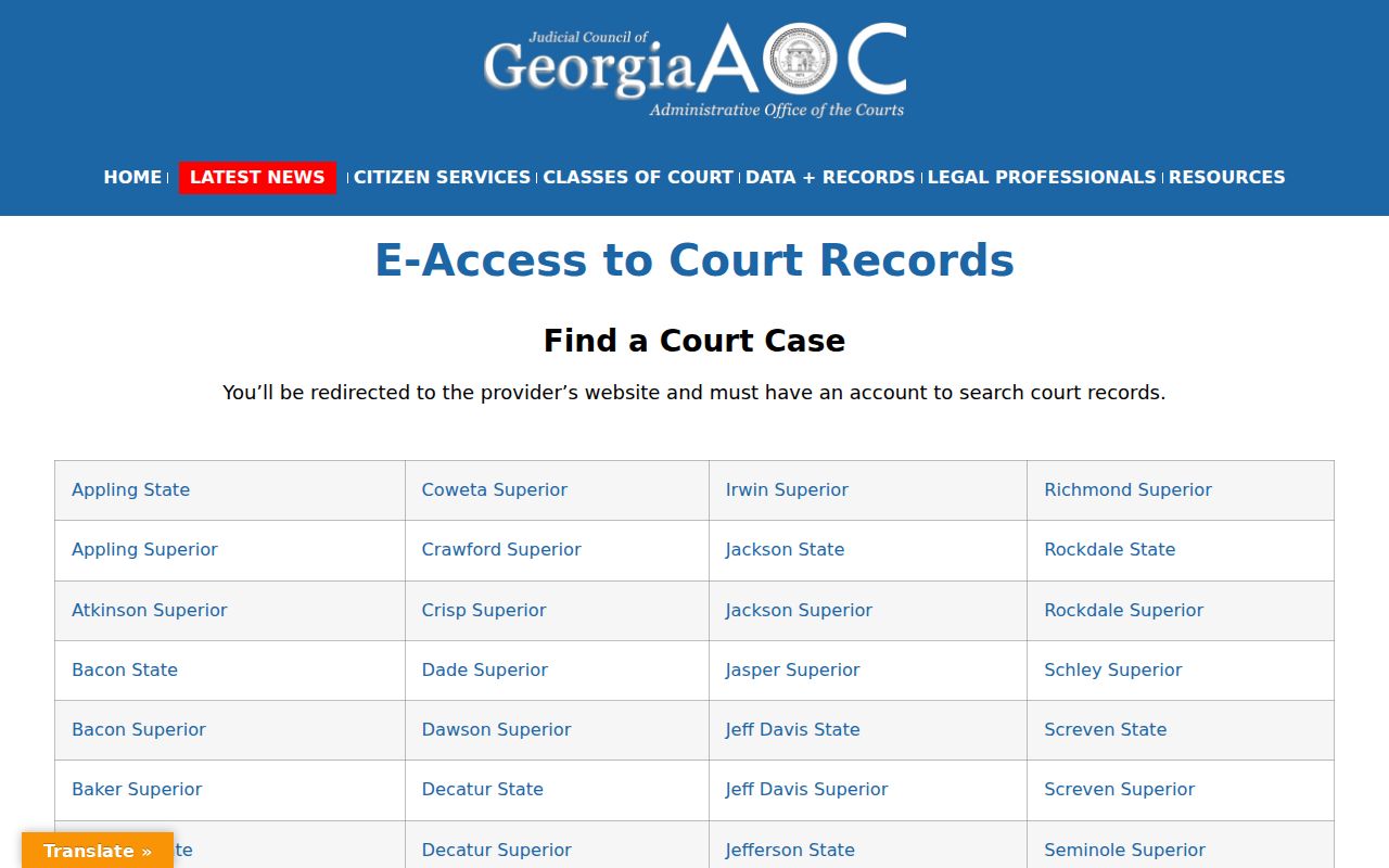 Georgia Courts E-Access directory listing Gilmer County Superior Court records
