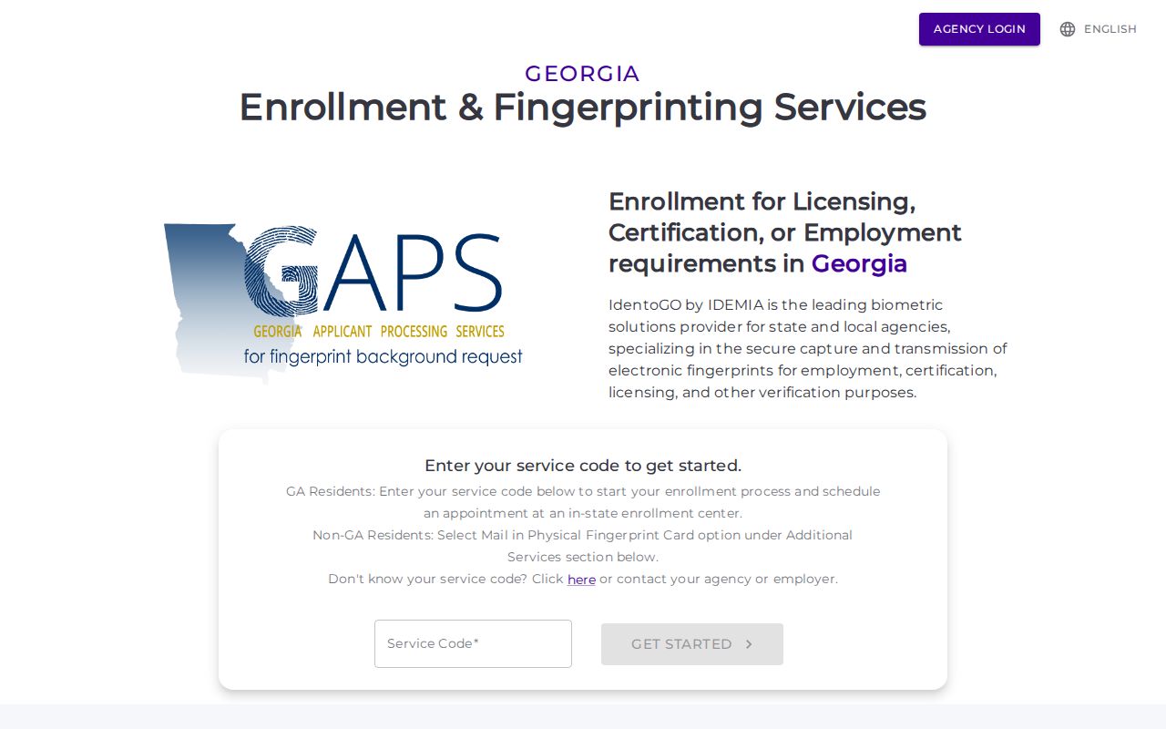 Georgia GAPS IdentoGO enrollment page for fingerprint record review