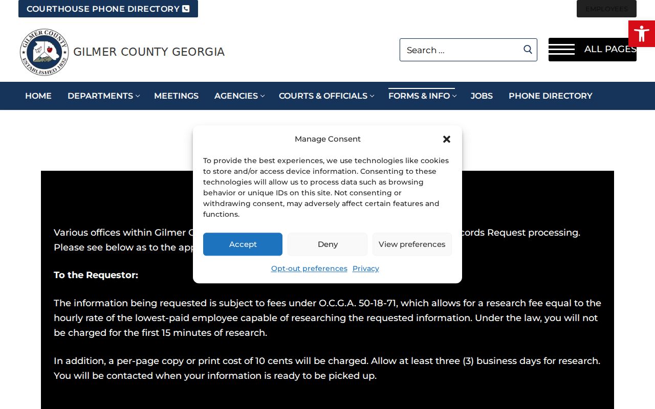 Gilmer County open records custodian page for sheriff and court records