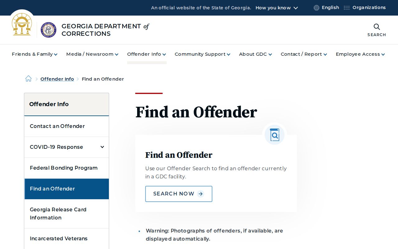 Georgia Department of Corrections Find an Offender page for Gilmer County custody searches