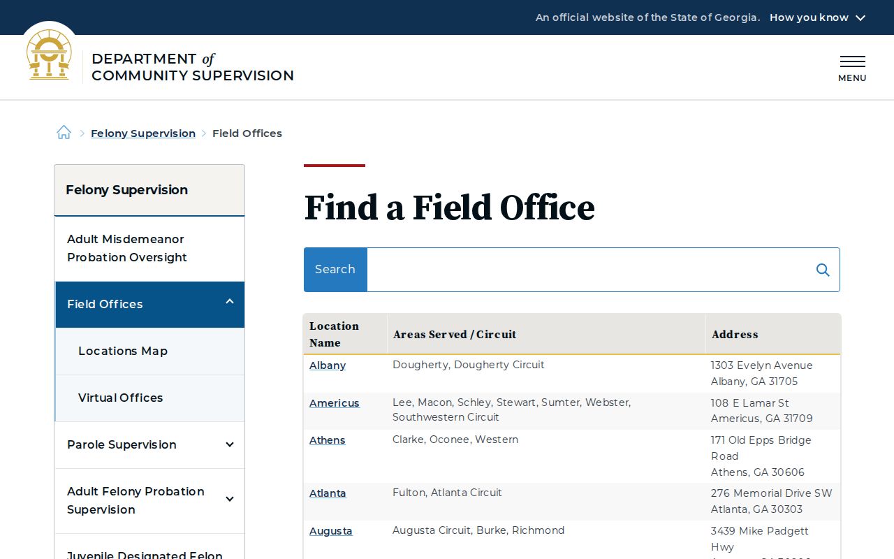 Georgia Department of Community Supervision field office directory serving Gilmer County