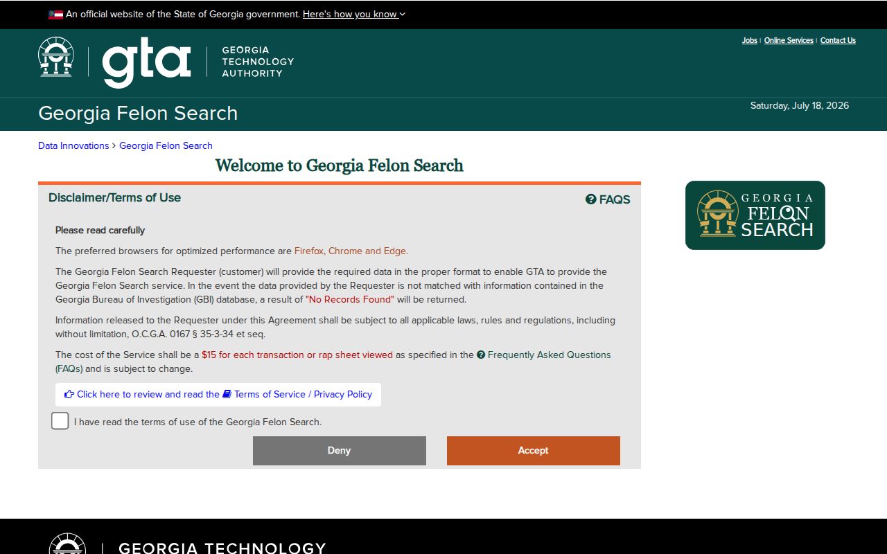 Georgia Felon Search interface used for reported Gilmer County felony convictions